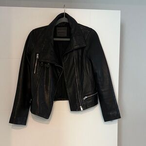 AllSaints Black Leather Moto Jacket with Asymmetrical Zip
